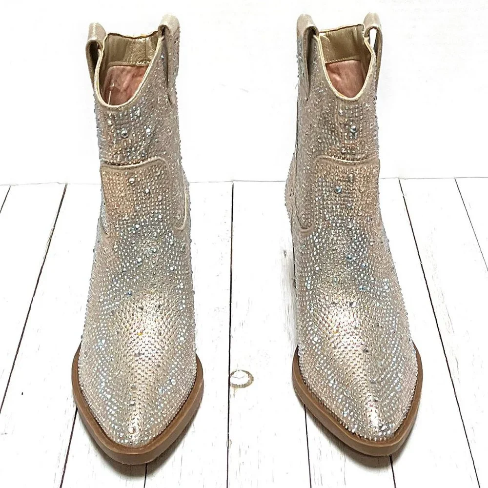 New Women Champagne Gold Blingy Rhinestone Cowboy Western Ankle Boots Booties - Picture 5 of 6